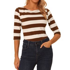 Elbow Sleeves T-shirt Casual Boat Neck Slim Fit Tee Brown